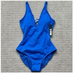 Electric Blue One-Piece Swimsuit with V-Neck